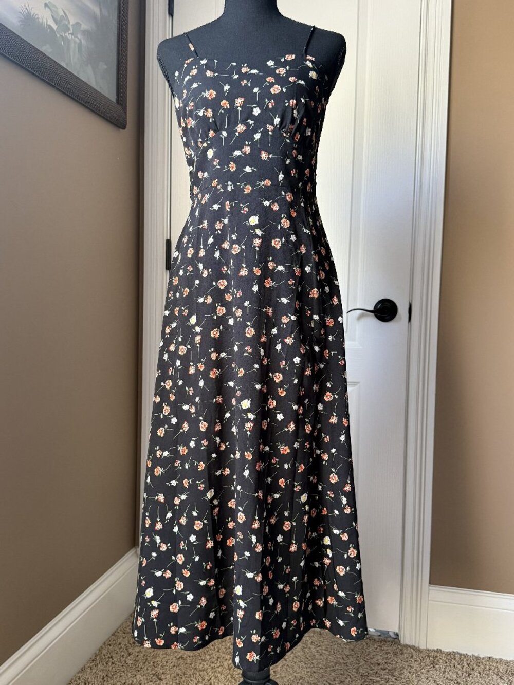 SHEIN Black Ditsy Floral Smocked Back Midi Dress Side Slit Size Medium